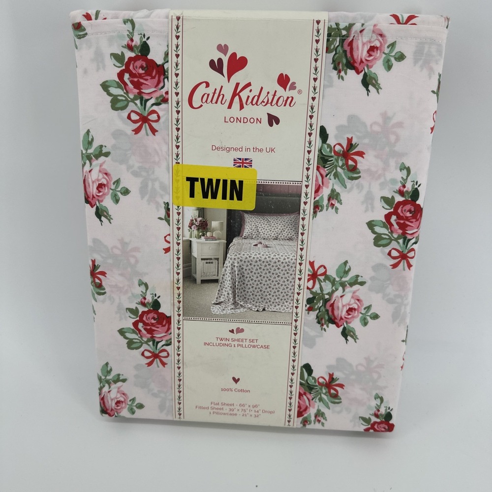 Cath Kidston TWIN Sheet Set Rose and Bow FLORAL 100% Cotton‎ Percale 200 TC New